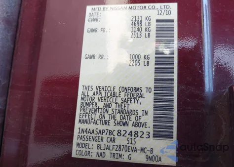 2011 Nissan Maxima 3.5 Sv from USA, damaged, VIN 1N4AA5AP7BC824823